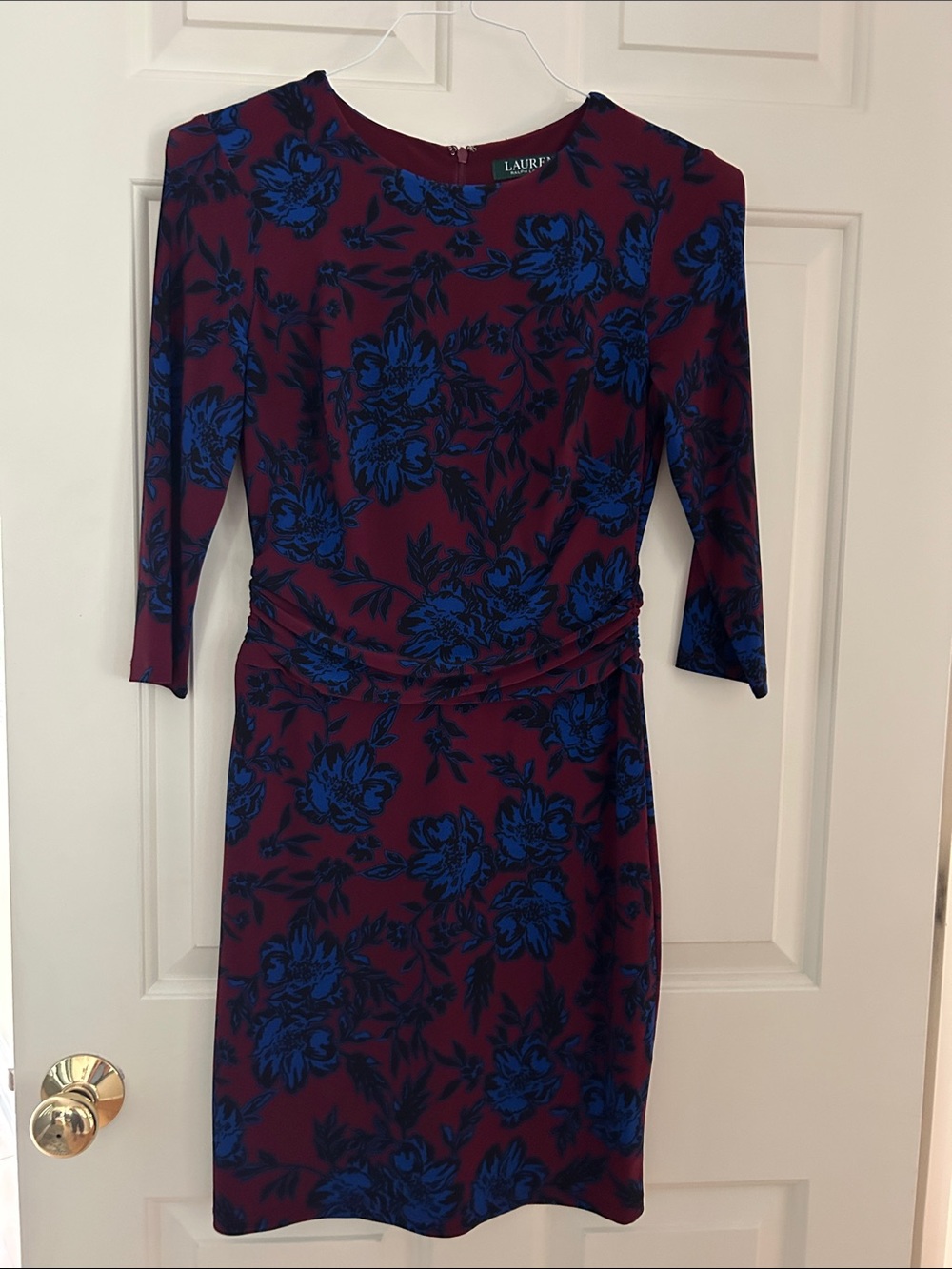 Ralph Lauren Burgundy Midi Dress with Blue Floral Pattern Size 6P